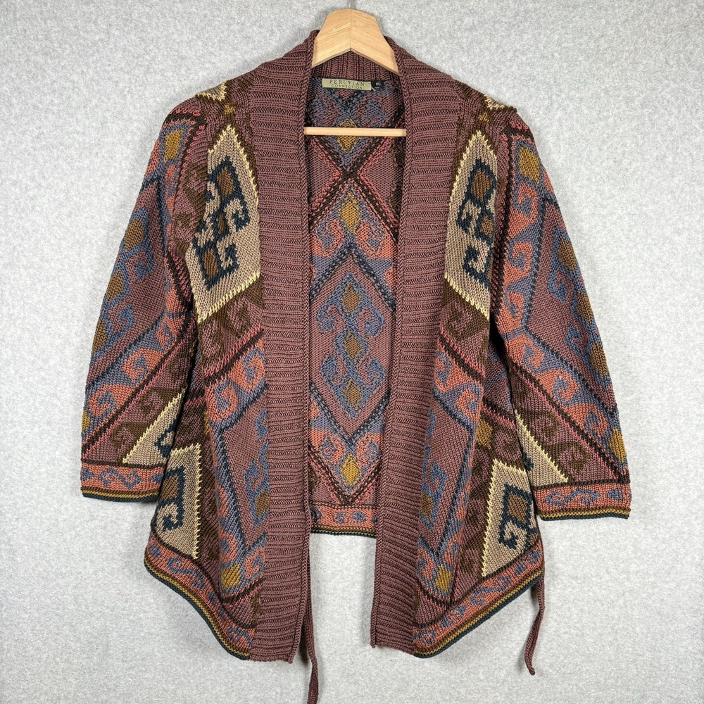 Peruvian Connection Pima Cotton Wrap Sweater Front Ties Aztec Geometric Sz M